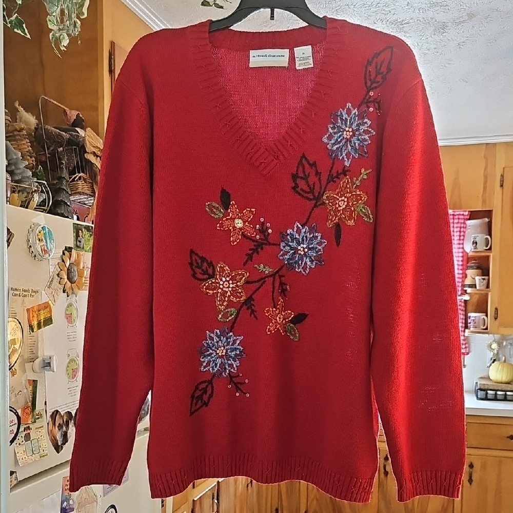 Alfred Dunner Red V-Neck Sweater with Blue and Gold Floral Embroidery. Beautiful